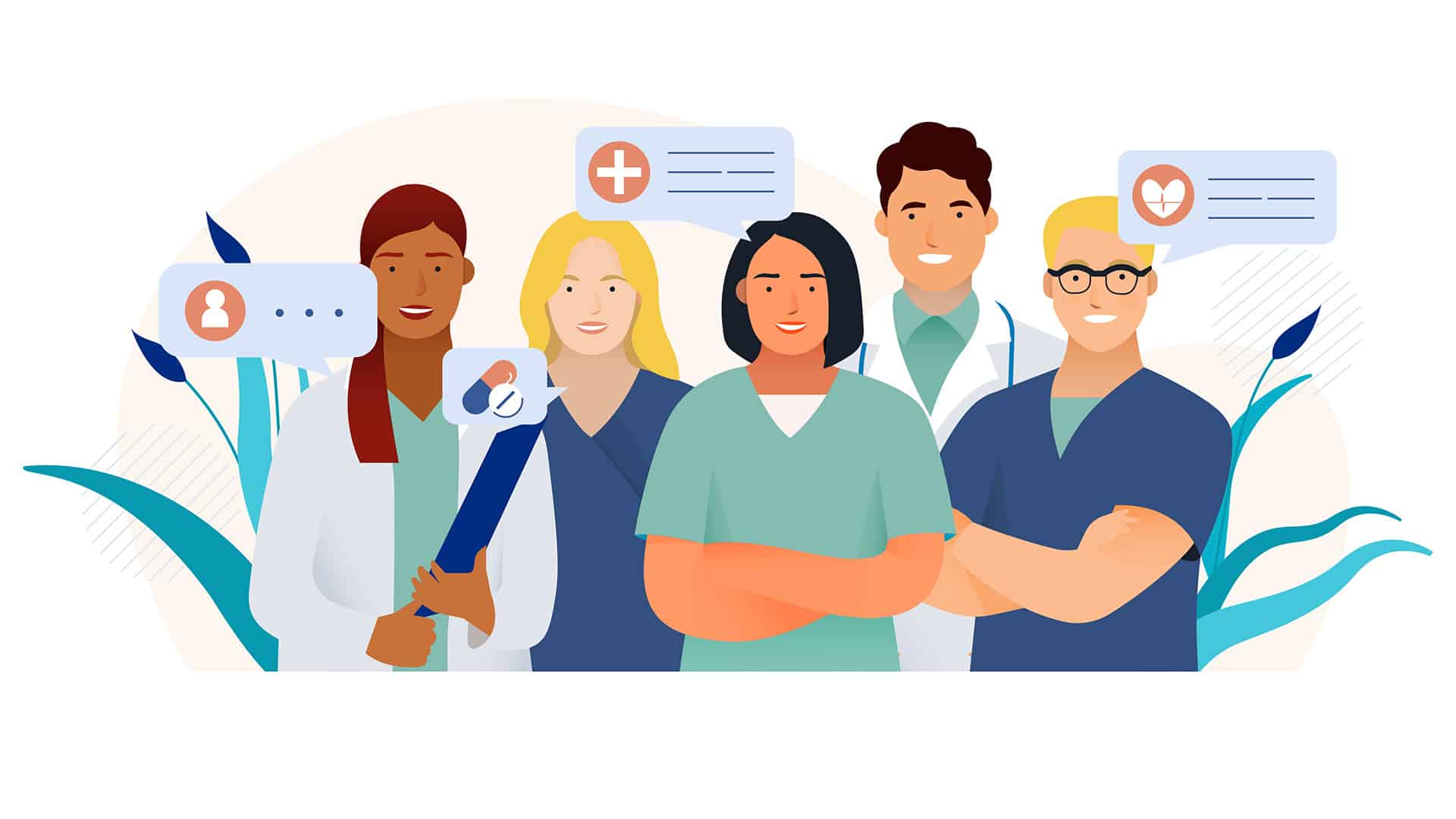 Illustratie voor de website Anders Werkt Beter met daarop meerdere zorgprofessionals.